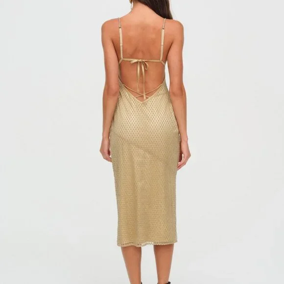 For Love & Lemons Glitter Grid Midi Dress M / Gold - Picture 2 of 3